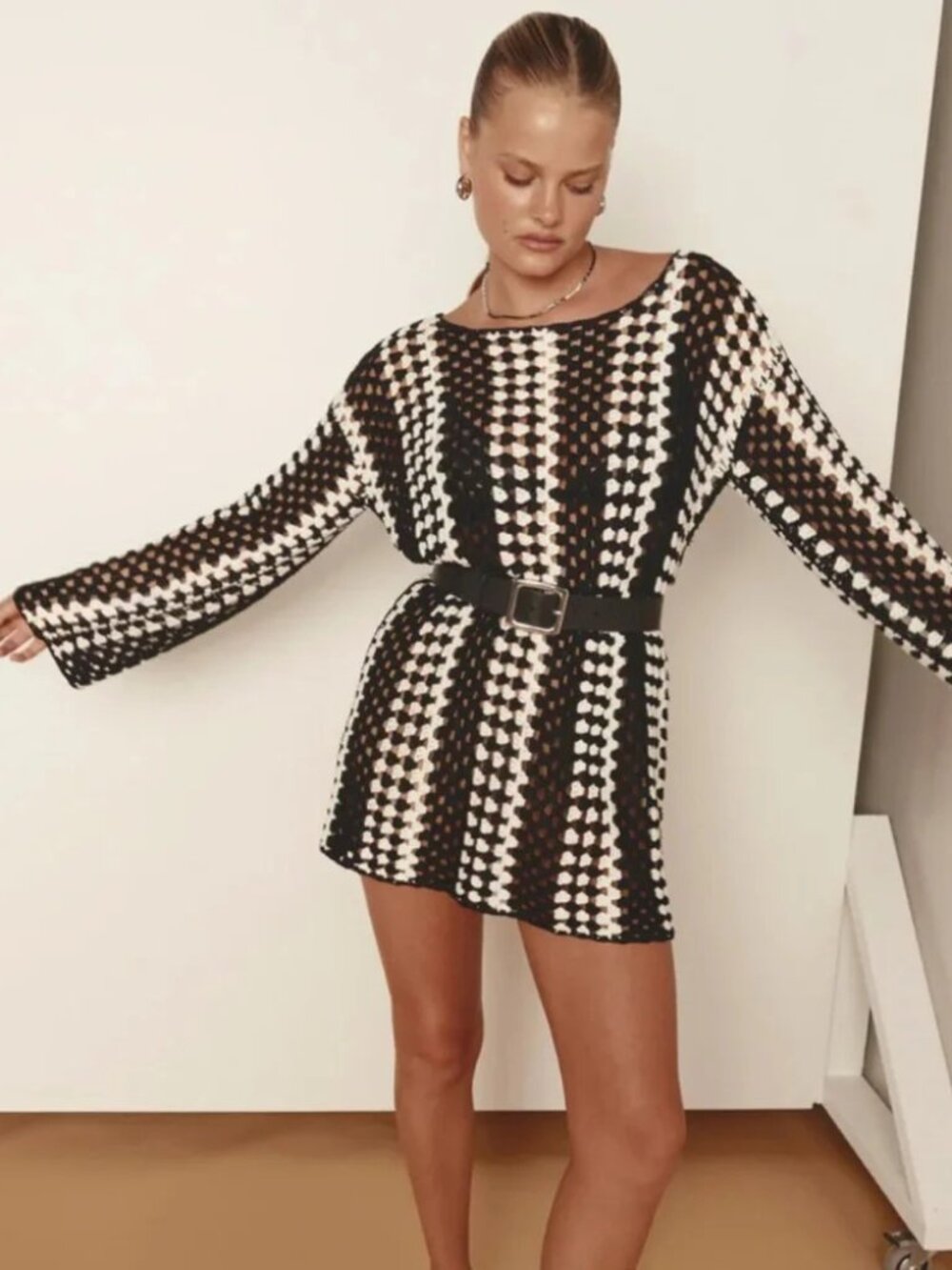 Black and White Crochet Knit Women's Dress